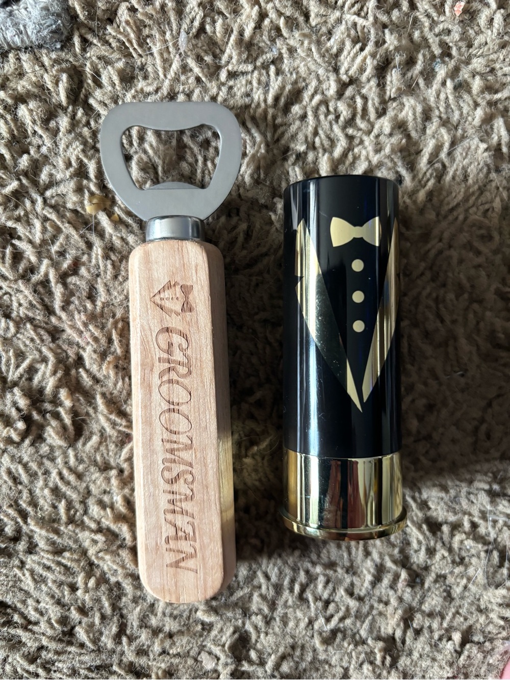 Groomsman Wooden Bottle Opener with Black & Gold Tuxedo Shot Glass